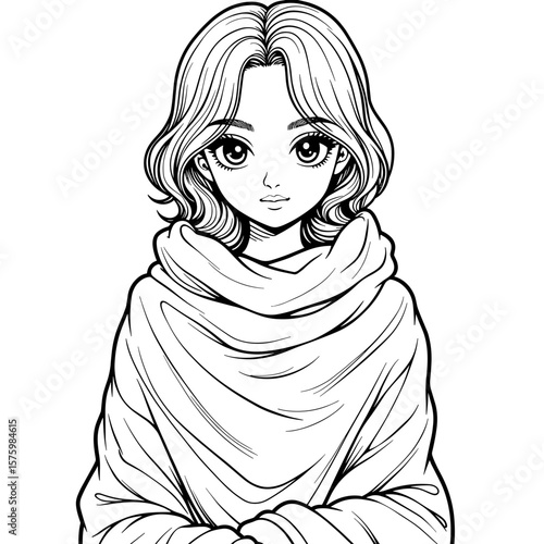 Comfy shawl wrapped around shoulders – Cute kids coloring design, black and white