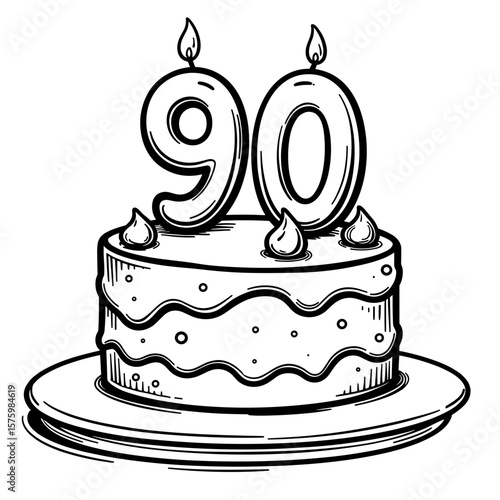 Abstract cake with candles shaped 90 – Kids coloring page