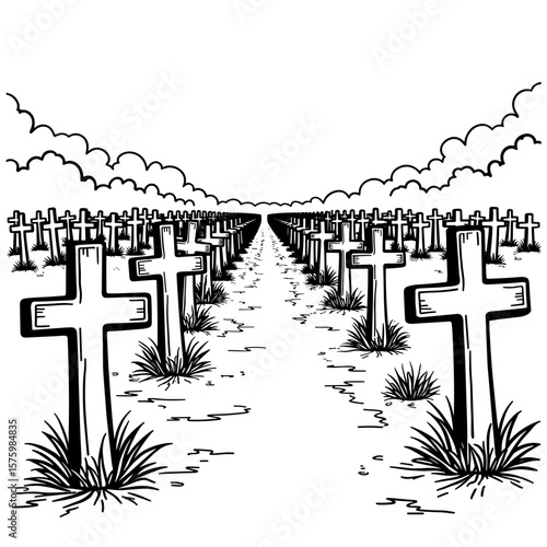Abstract war cemetery with rows of crosses – Coloring book design