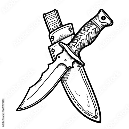 Tactical knife in combat sheath – Black and white kids coloring design