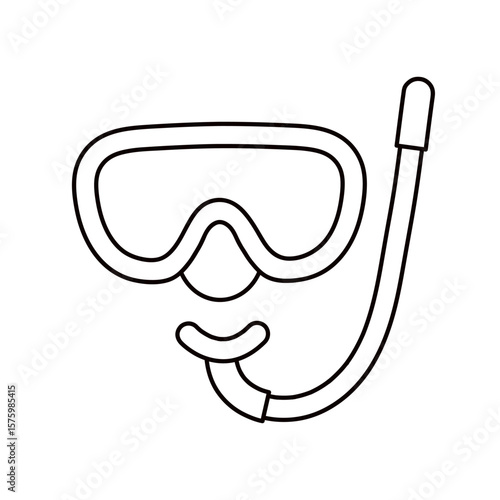Simple vector black and white line art of a snorkel mask with breathing tube. For summer, diving, sea, swimming, vacation, kids, print, coloring page and underwater design projects. Hand drawn.
