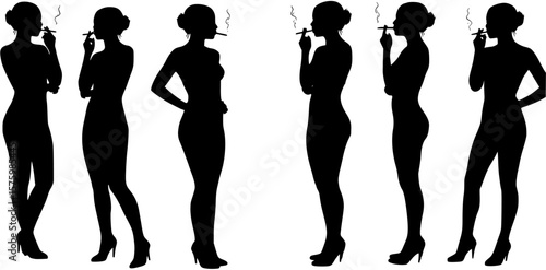 Silhouette of young woman in lingerie smoking a cigarette. Vector illustration

