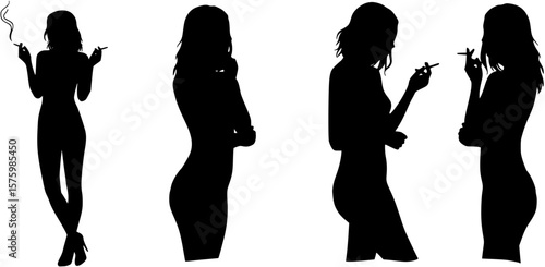 Silhouette of young woman in lingerie smoking a cigarette. Vector illustration
