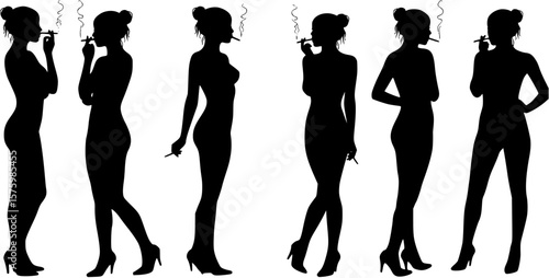 Silhouette of young woman in lingerie smoking a cigarette. Vector illustration
