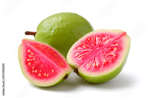 Fresh guava fruits display a whole guava and two guava halves with vibrant red flesh, offering a tropical, juicy treat on a clean background.