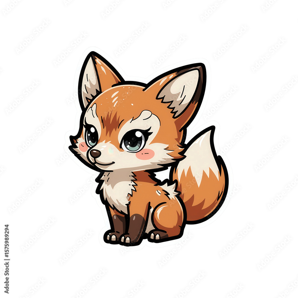 Fototapeta premium Cute Cartoon Fox: A charming cartoon fox with big eyes and fluffy tail sits cutely, rendered in vibrant color and simple shapes, creating a friendly and appealing image for children.