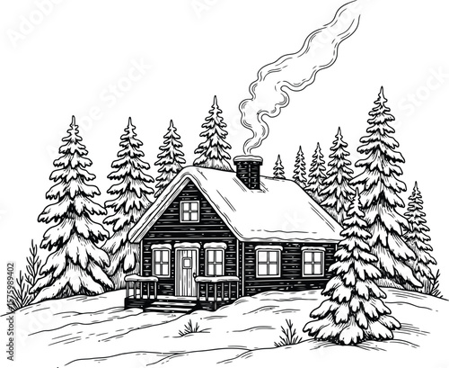 Black and white illustration of a snow covered cabin with smoke coming from the chimney surrounded by pine trees
