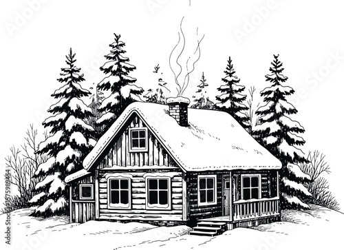 Black and white illustration of a snow covered log cabin with smoke coming from chimney surrounded by pine trees