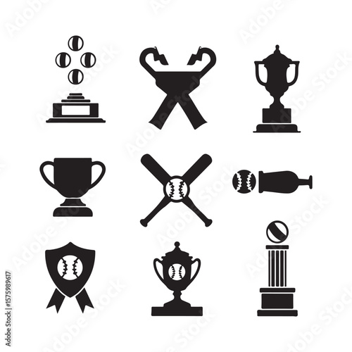 Baseball Icons Set in Black Silhouettes on White Background