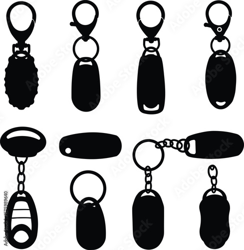 Keychain and Key Fob Vector Silhouettes, Diverse Designs with Clips and Rings, Customizable Key Holder Templates, Promotional Accessory Graphics Collection.
