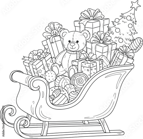 Black and white line drawing of a Christmas sleigh filled with gifts a teddy bear and a tree presents
