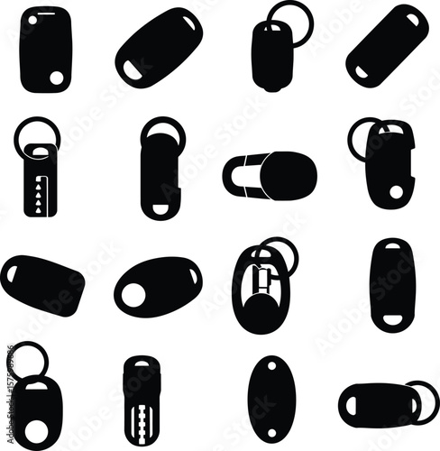 Modern Key Fob and Keychain Vector Silhouettes, Smart Key and Electronic Device Shape Collection, Customizable Key Ring Designs, Digital Access Accessory Icons.