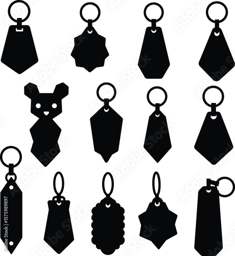 Keychain and Key Ring Silhouettes Vector Collection, Diverse Modern Designs for Key Holders, Customizable Blank Key Fobs, Promotional Accessory Templates for Branding.