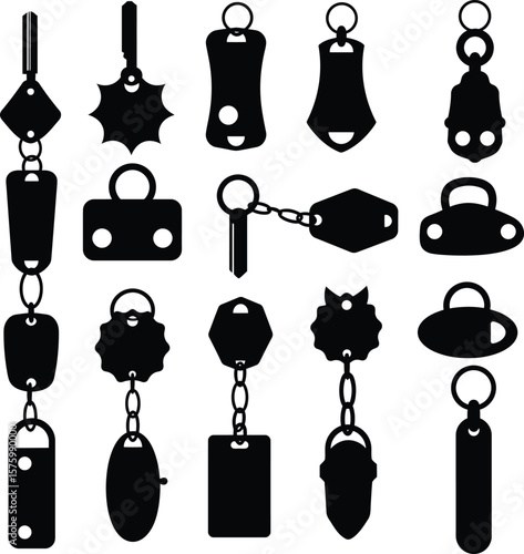 Keychain vector silhouette collection, Key ring shapes, Key fobs, Modern key holder designs, Metal keychains, Customizable keychain templates, Minimalist keyring icons, Personal accessories vectors.