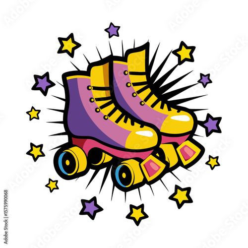 Colorful roller skates in comic book style with stars and bursts, isolated vector image on a transparent background  