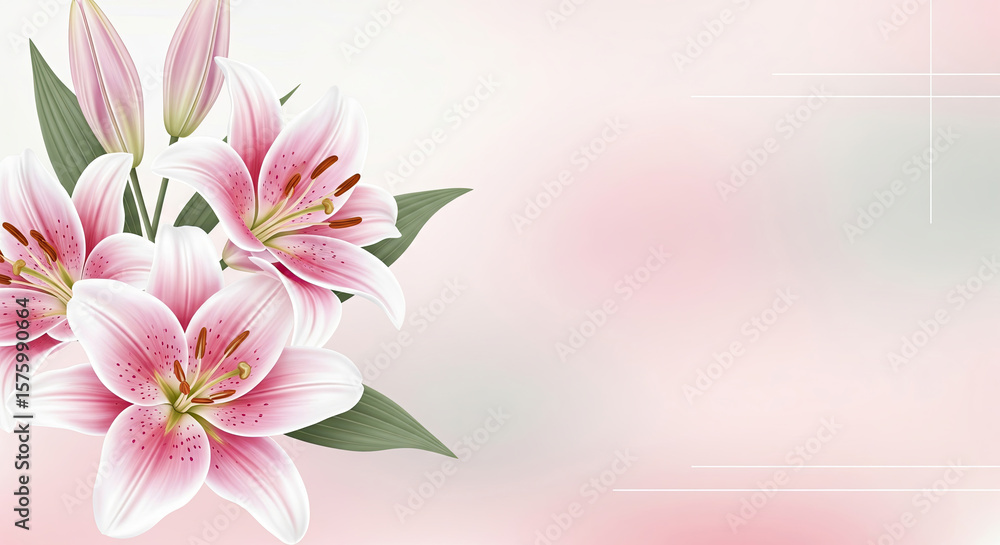 Fototapeta premium Elegant pink lilies on soft pink background with space for text - template