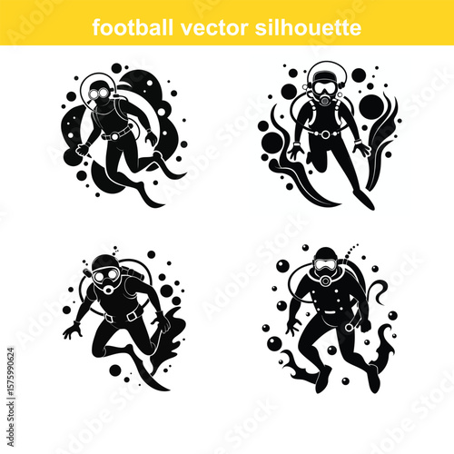 Diver,Underwater Diving,Black silhouette of a scuba diver wearing a wetsuit swimming underwater vector art,