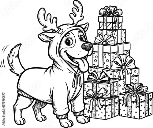 Cartoon dog wearing reindeer antlers and hoodie next to stack of gift boxes puppy costume