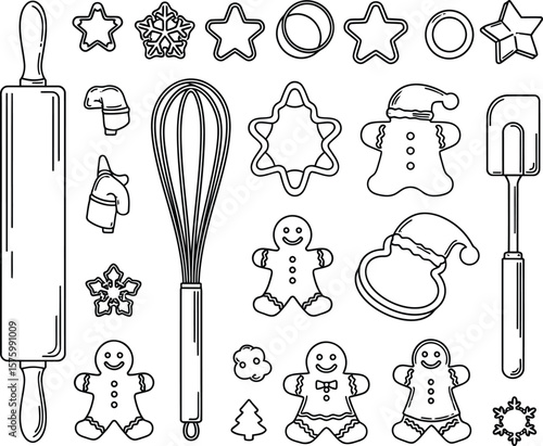 Christmas cookie cutters and baking tools outline illustration rolling pin whisk