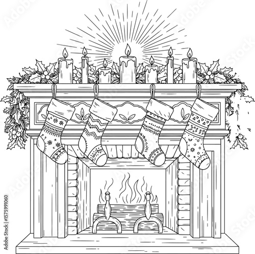 Christmas fireplace with stockings hanging on the mantelpiece and burning logs vector