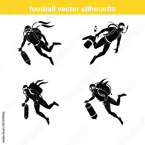 Diver,Underwater Diving,Black silhouette of a scuba diver wearing a wetsuit swimming underwater vector art,