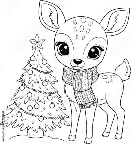 Cute cartoon fawn wearing a knitted scarf standing next to a decorated Christmas tree in the snow deer
