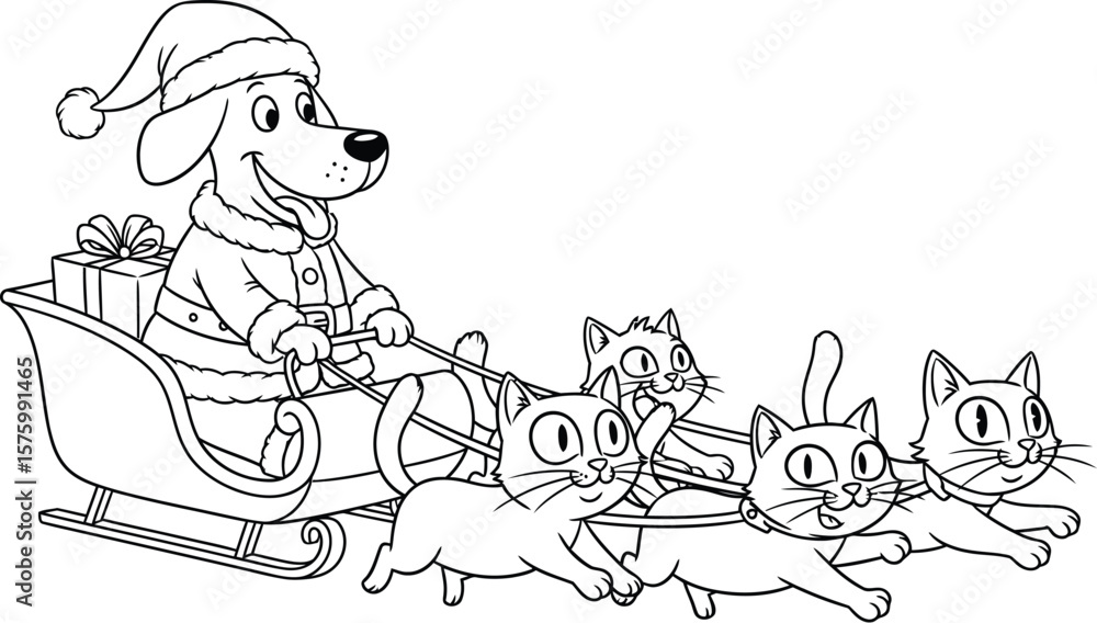 Fototapeta premium Dog in Santa suit driving sleigh pulled by cats with Christmas present vector