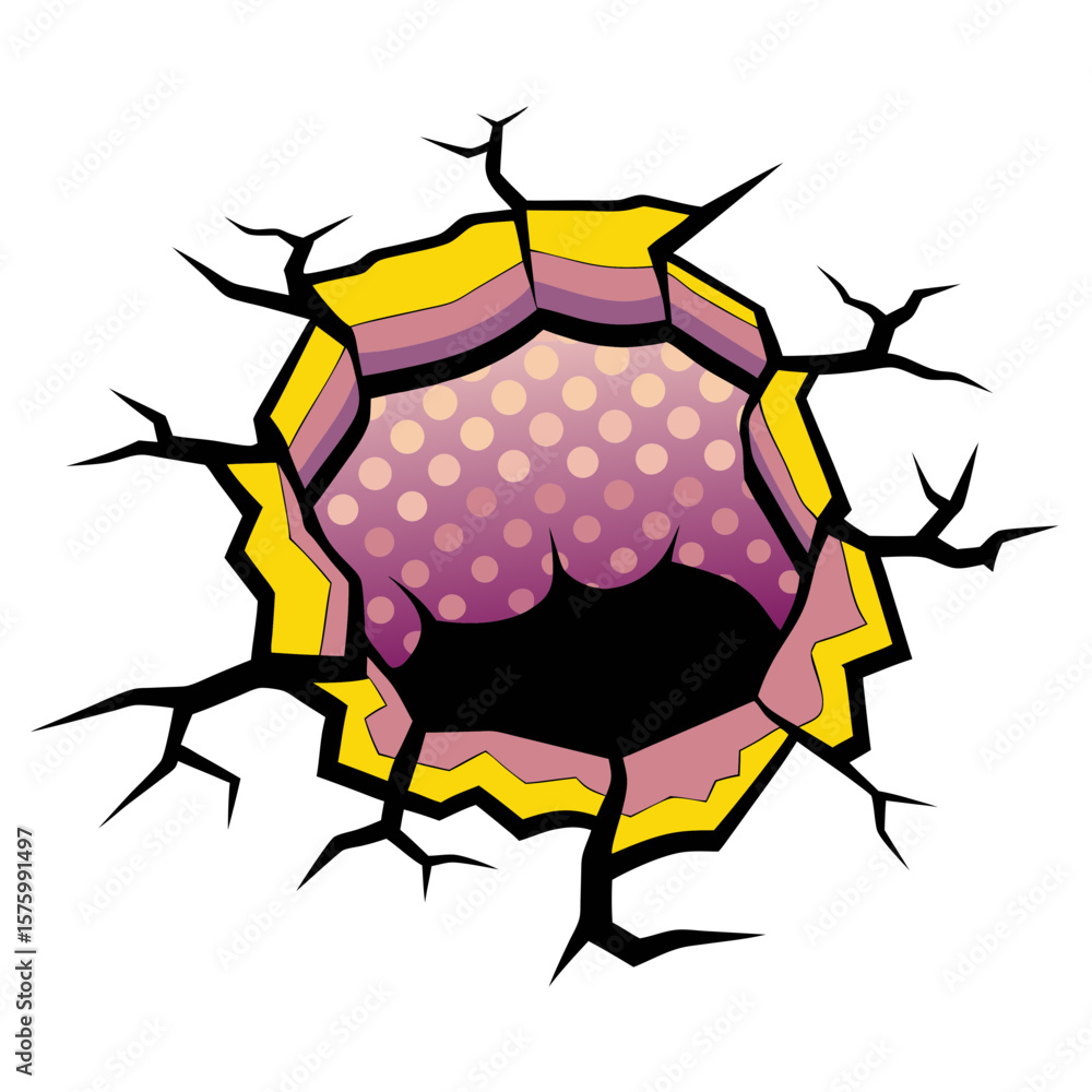 Fototapeta premium Pop art style comic book illustration of a cracked wall hole, isolated vector image on a transparent background 