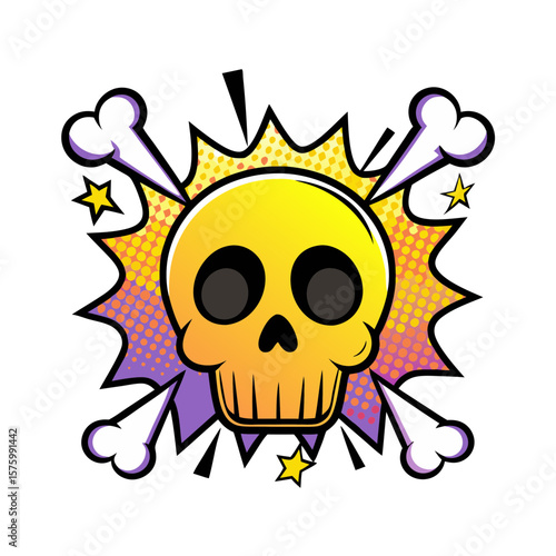 Colorful skull graphic with bones and stars in pop art style, isolated vector image on a transparent background  