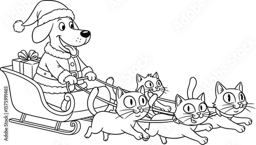 Dog in Santa suit driving sleigh pulled by cats with Christmas present vector
