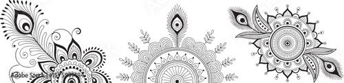 Collection of decorative peacock feather and mandala elements silhouette