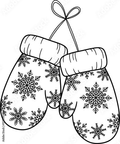 Pair of black and white line art winter mittens with snowflake pattern hanging by string snowflakes cold