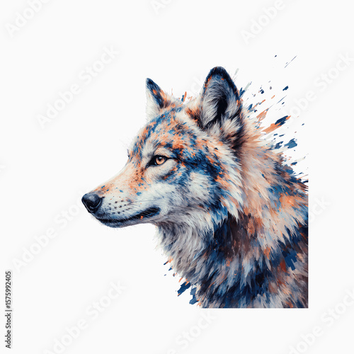Wallpaper Mural Wolf profile: A close-up profile of a wolf showcasing a detailed watercolor artistic expression, revealing the animal's intense gaze and the intricate patterns of its fur. Torontodigital.ca