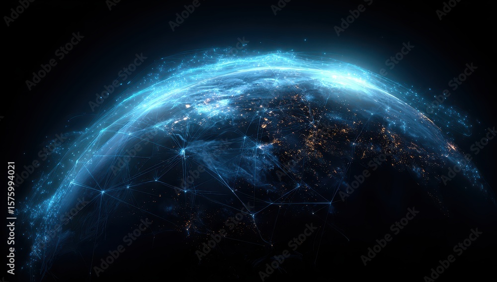 Fototapeta premium Glowing network lines overlay the Earth, representing global communication