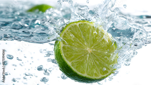 Fresh Lime Slice Splashing in Clear Water