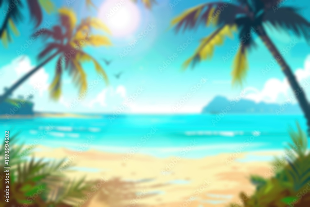 Obraz premium Stylized Tropical Beach Landscape with Palm Trees and Ocean