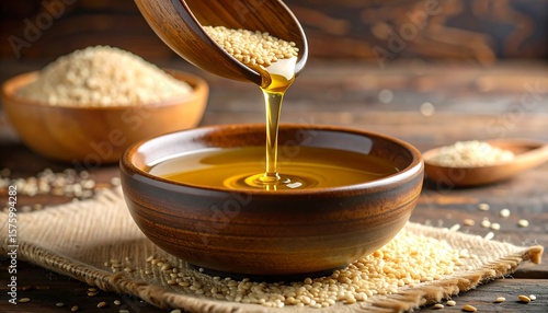 Sesame oil pouring from wooden ladle