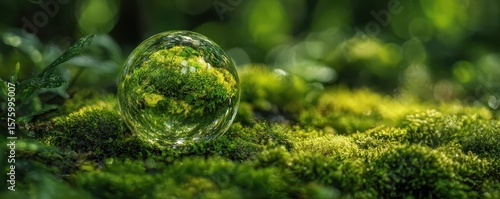 Glass orb rests on a mossy surface, reflecting the lush surrounding forest