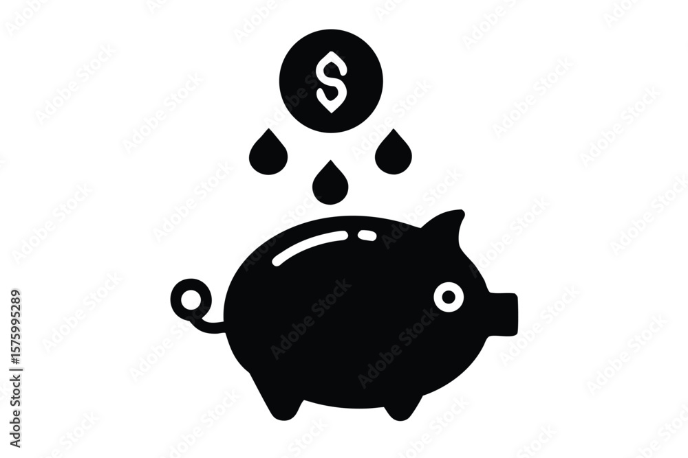 Black silhouette of a piggy bank receiving coins with dollar signs and falling drops Black silhouette of a piggy bank receiving coins with dollar signs and falling drops