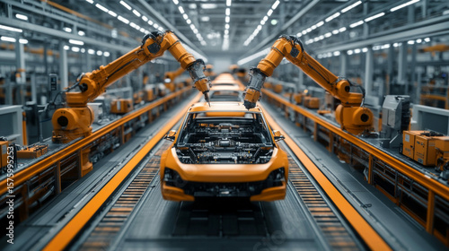 Car on the assembly line with robots, useful for articles about the automotive industry and technology.