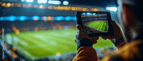 Soccer match in a stadium filmed with a tablet. Ideal for sports news and event publicity.