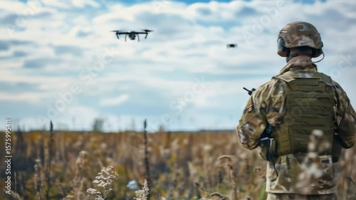 A soldier in military uniform watches drones flying in the sky, military observation and surveillance concept video.