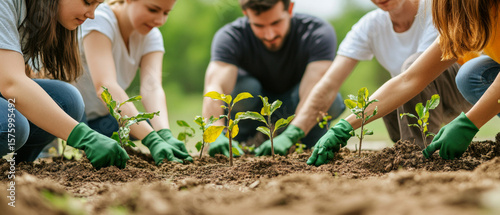 People plant plants in the ground, good for environmental and agricultural articles.