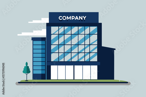 Modern corporate building with large windows and company signage