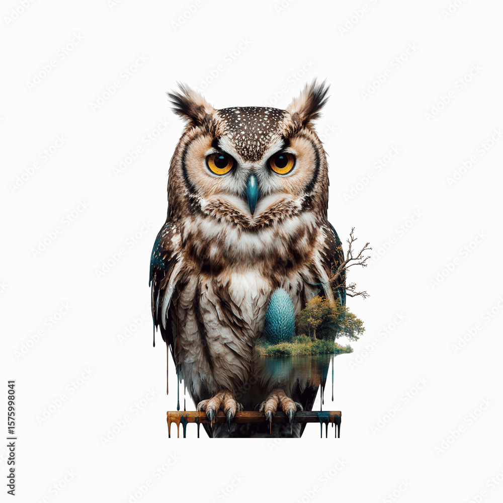 Naklejka premium Wise Owl's Gaze: The majestic great horned owl, perched regally, captures attention with its piercing gaze, its keen eyes revealing intelligence.