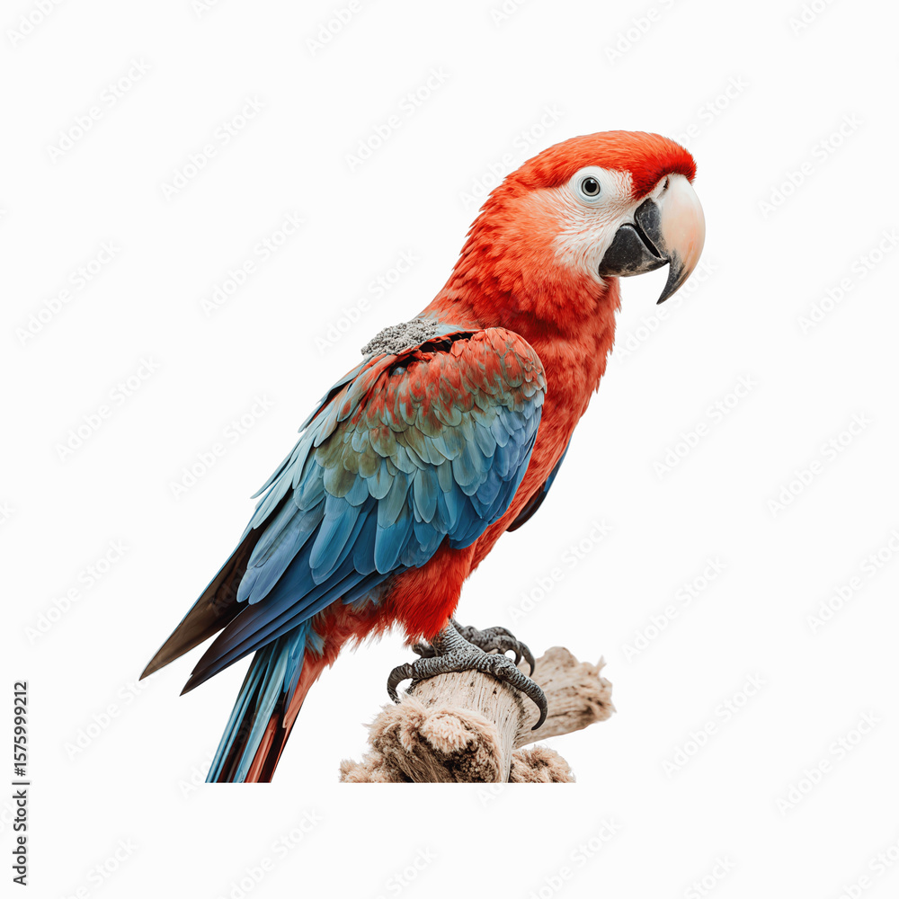 Obraz premium Scarlet Macaw Perched: A stunning scarlet macaw with vibrant red, blue, and green plumage perches gracefully on a weathered branch, its keen gaze captivating and inviting admiration. 