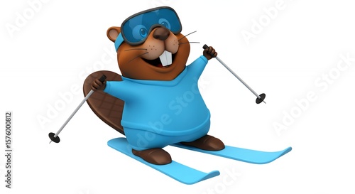Cartoon beaver skiing illustration