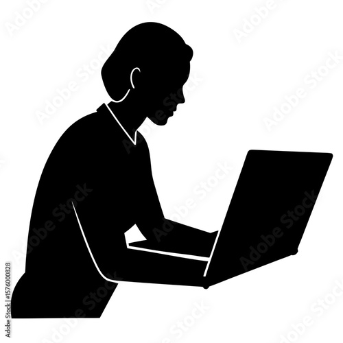Woman using laptop computer device silhouette vector illustration