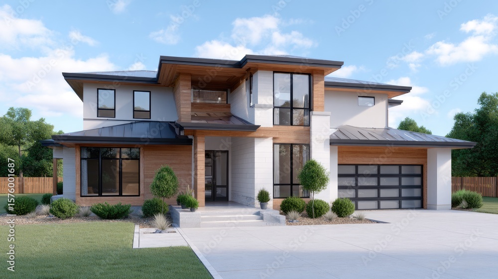 Fototapeta premium Modern architectural design of a two-story contemporary house with natural elements and spacious front yard
