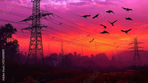Silhouettes of birds soar against a vibrant sunset over power lines.